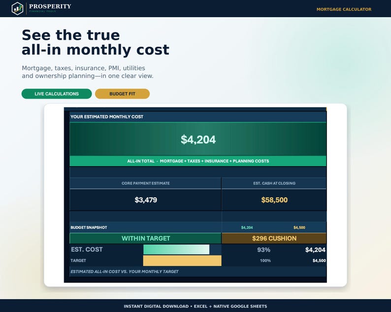 May include: A digital mortgage calculator interface displayed on a screen, featuring the text See the true all-in monthly cost, Prosperity Financial Tools, and a dashboard showing an estimated monthly cost of $4,204, core payment, and cash at closing.