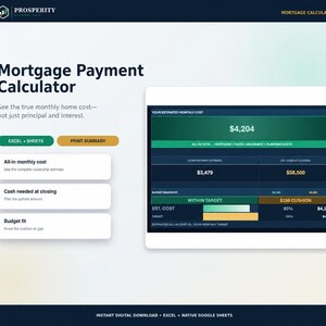 May include: A digital mortgage payment calculator interface featuring a summary dashboard with an estimated monthly cost of $4,204, core payment estimate of $3,479, and cash at closing of $58,500, with buttons for Excel and Sheets integration.