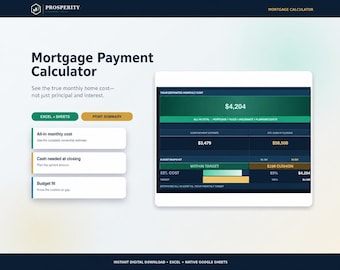 Mortgage Payment Calculator Spreadsheet | True Monthly Home Cost & Closing Cost | Excel Template