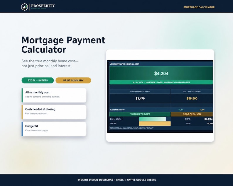 May include: A digital mortgage payment calculator interface featuring a summary dashboard with an estimated monthly cost of $4,204, core payment estimate of $3,479, and cash at closing of $58,500, with buttons for Excel and Sheets integration.