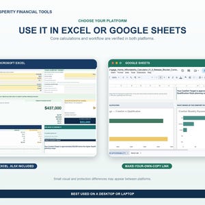 Excel and Google Sheets compatibility image showing the branded home affordability dashboard available in both spreadsheet formats.