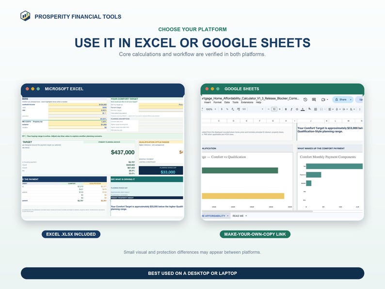 Excel and Google Sheets compatibility image showing the branded home affordability dashboard available in both spreadsheet formats.