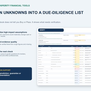 May include: A digital workbook titled Prosperity Financial Tools with the heading Turn Unknowns Into A Due-Diligence List. It features a structured table with columns for verification, evidence quality, and planning, plus a decision support disclaimer.