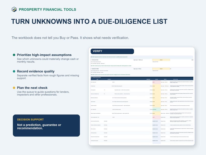 May include: A digital workbook titled Prosperity Financial Tools with the heading Turn Unknowns Into A Due-Diligence List. It features a structured table with columns for verification, evidence quality, and planning, plus a decision support disclaimer.