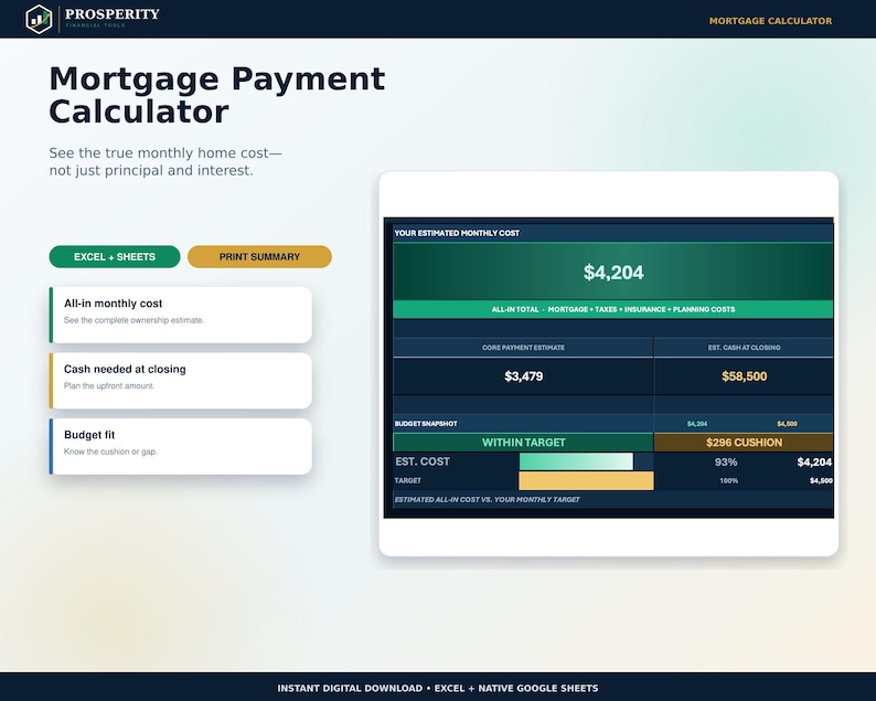 May include: A digital mortgage payment calculator interface featuring a dark green and blue dashboard. The screen displays text including Mortgage Payment Calculator, All-in monthly cost, Cash needed at closing, and Budget fit, with a summary box showing an estimated monthly cost of $4,204 and a $296 cushion.