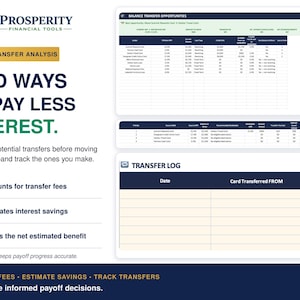 May include: A digital financial tool titled Prosperity Financial Tools featuring a Smart Transfer Analysis dashboard. It displays tables for Balance Transfer Opportunities and a Transfer Log, with text prompts to find ways to pay less interest.