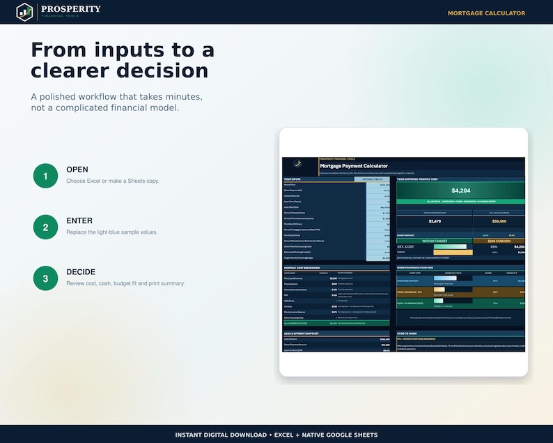 May include: A digital mortgage calculator spreadsheet interface featuring a dark blue and green color scheme. The layout includes sections for inputs, monthly cost breakdowns, and estimated payment summaries with clear text labels and data fields.