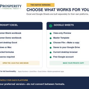 May include: An infographic titled Prosperity Financial Tools showing two native versions for Microsoft Excel and Google Sheets. It lists features for each, including workbook types, compatibility, and instructions like Open the .xlsx file and begin.