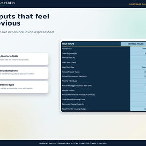 May include: A digital mortgage calculator spreadsheet interface featuring a dark blue table with light blue editable fields. The layout includes text headers such as Inputs that feel obvious, Your Inputs, and Editable Fields, alongside lists of financial categories like Home Price, Down Payment, and Interest Rate.
