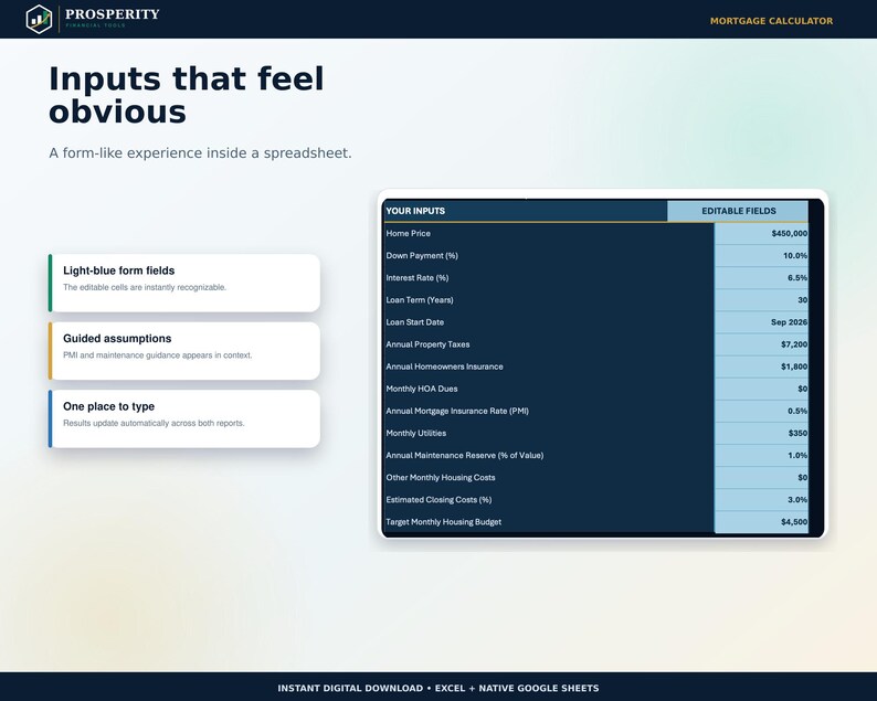 May include: A digital mortgage calculator spreadsheet interface featuring a dark blue table with light blue editable fields. The layout includes text headers such as Inputs that feel obvious, Your Inputs, and Editable Fields, alongside lists of financial categories like Home Price, Down Payment, and Interest Rate.