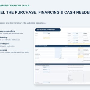 May include: A digital financial spreadsheet template titled Prosperity Financial Tools, featuring sections for purchase assumptions, loan planning, required repairs, and cash required to model property acquisition, financing, and operational stabilization.