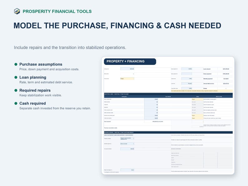 May include: A digital financial spreadsheet template titled Prosperity Financial Tools, featuring sections for purchase assumptions, loan planning, required repairs, and cash required to model property acquisition, financing, and operational stabilization.