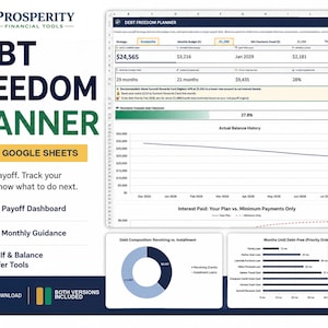 May include: A digital Debt Freedom Planner for Excel and Google Sheets featuring a visual payoff dashboard, smart monthly guidance, and what-if tools. The interface displays debt composition charts, a balance history graph, and payoff timelines.