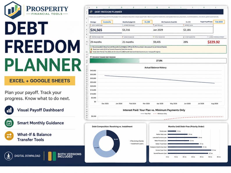May include: A digital Debt Freedom Planner for Excel and Google Sheets featuring a visual payoff dashboard, smart monthly guidance, and what-if tools. The interface displays debt composition charts, a balance history graph, and payoff timelines.