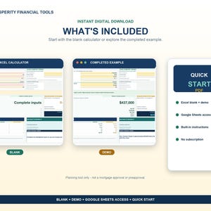 What's included image showing Blank and Demo Excel workbooks, native Google Sheets access, a Quick Start PDF, and built-in workbook instructions.