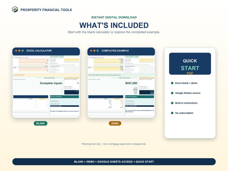What's included image showing Blank and Demo Excel workbooks, native Google Sheets access, a Quick Start PDF, and built-in workbook instructions.