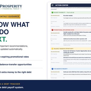 May include: A digital financial dashboard titled Prosperity Financial Tools Action Center. The interface displays automated debt payoff recommendations, including budget feasibility, promotional APR alerts, balance transfer opportunities, and monthly priorities.
