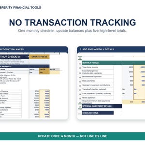 Monthly Check-In spreadsheet views showing account balances and five high-level monthly totals with a message to update once a month, not transaction by transaction.