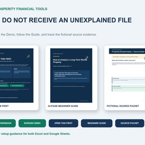 May include: Prosperity Financial Tools digital document set featuring three main components: Open This First, a 24-page beginner guide on analyzing long-term rental property, and a fictional source packet. Includes buttons for blank workbook and demo.