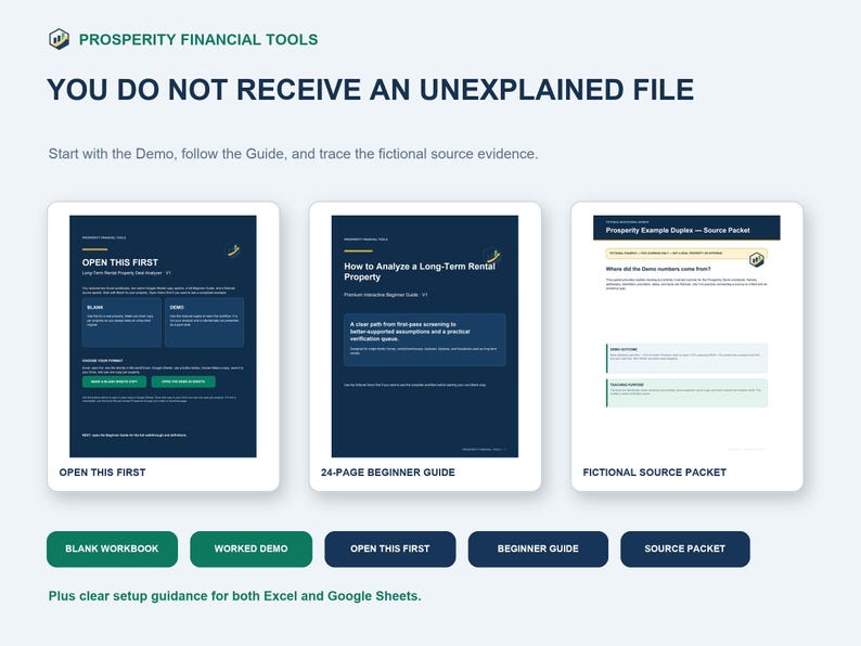 May include: Prosperity Financial Tools digital document set featuring three main components: Open This First, a 24-page beginner guide on analyzing long-term rental property, and a fictional source packet. Includes buttons for blank workbook and demo.