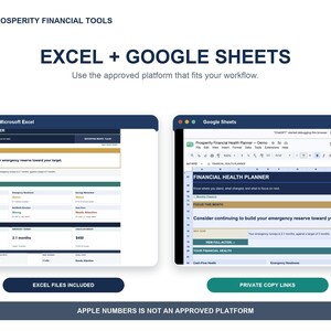 Prosperity Financial Health Planner displayed in Microsoft Excel and Google Sheets, with both approved platform options.
