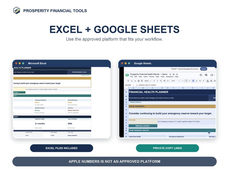 Prosperity Financial Health Planner displayed in Microsoft Excel and Google Sheets, with both approved platform options.