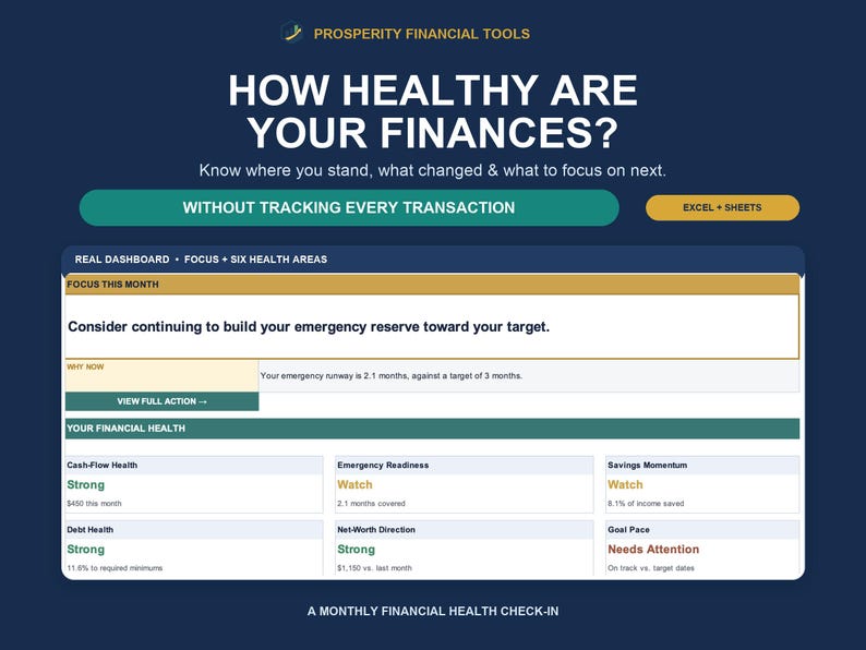 Navy Prosperity Financial Tools hero asking how healthy your finances are, with the Financial Health Planner dashboard and Excel plus Google Sheets labels.