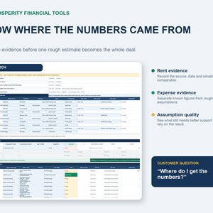 May include: A digital financial research template titled Prosperity Financial Tools with the heading Know Where The Numbers Came From. It features a data table for organizing rent and expense evidence, plus a customer question box asking, Where do I get the numbers?