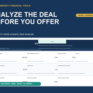May include: A digital spreadsheet tool titled Prosperity Financial Tools for analyzing long-term rental property deals. The interface displays financial metrics including total cash required, annual stabilized cash flow, and cap rate in Excel and Google Sheets format.
