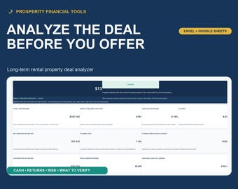 Rental Property Spreadsheet & Deal Analyzer: Cash Flow, Cap Rate, Stress Test, Excel, Google Sheets