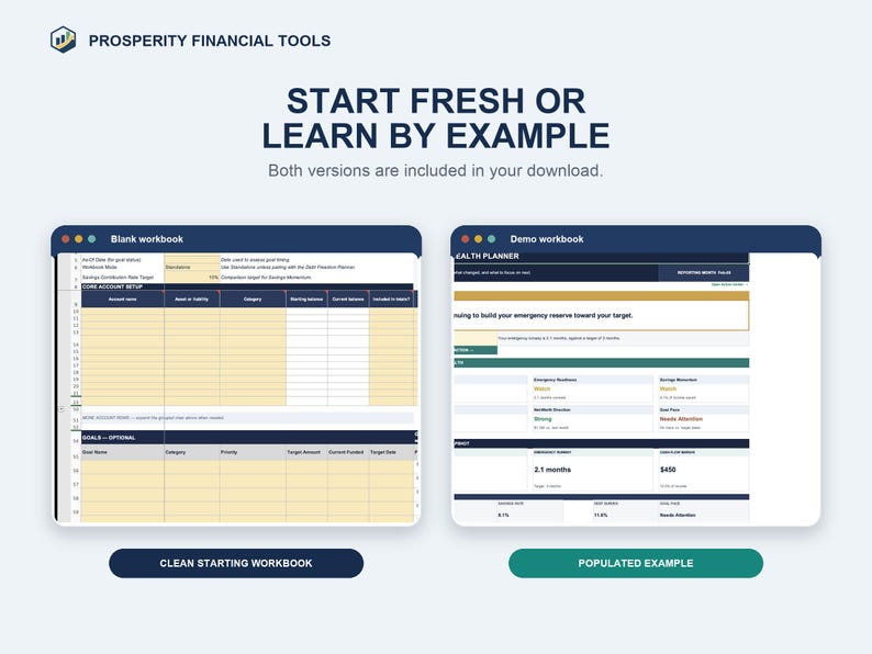 Side-by-side Blank and Demo versions of the Prosperity Financial Health Planner included in the download.