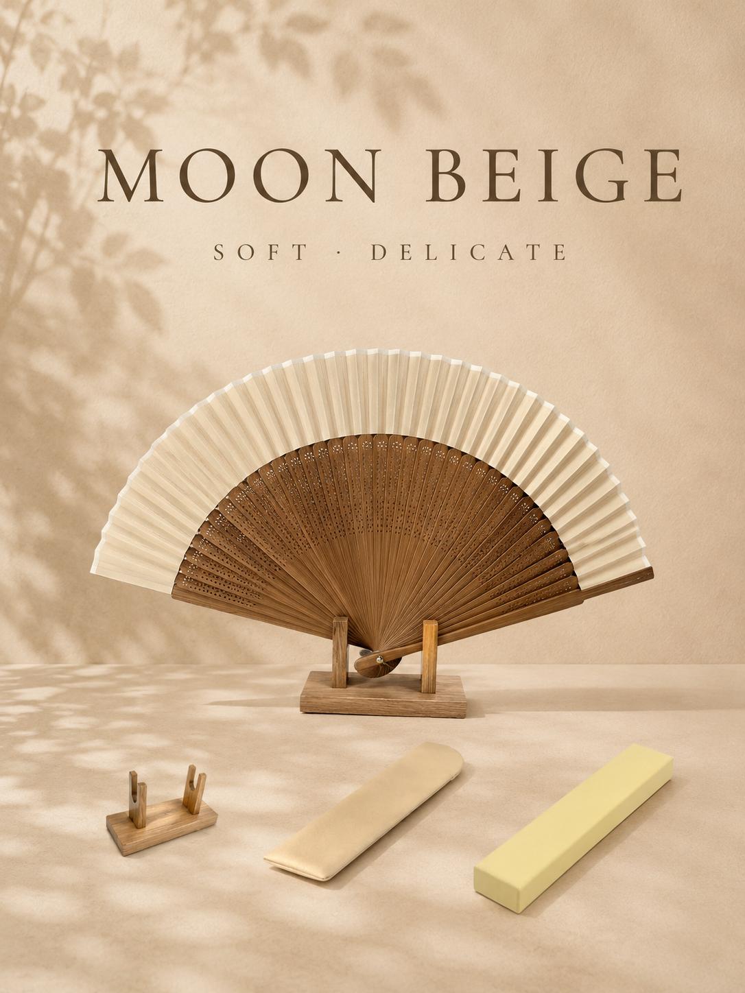 GIFT SET - Elegant Bamboo Fan - Moon Beige, Asian Style Home Decor, Fan stand & Fan sleeve included
