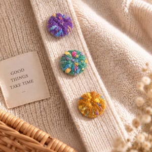 Pode incluir: Um cardigã de malha na cor creme com três botões redondos e texturizados nas cores roxo, verde e amarelo mostarda. Uma etiqueta de tecido quadrada no lado esquerdo exibe o texto "GOOD THINGS TAKE TIME" em uma fonte simples e escura.