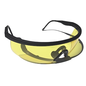 Könnte beinhalten: Schutzbrille mit einem einteiligen, umlaufenden gelben Glas und einem schwarzen Rahmen. Das Design umfasst einen schwarzen Nasensteg und verstellbare schwarze Bügel mit strukturiertem Griffmuster für ein weites Sichtfeld.