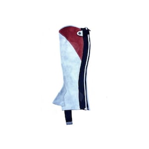 Gray Suede Half Chaps, Red & Pinstripe Accent, English Riding Gaiters