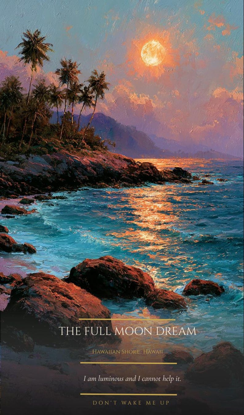 May include: An oil painting of a tropical coastline at night under a full moon. The scene features palm trees, rocky shores, and blue ocean waves reflecting orange moonlight. Text reads: THE FULL MOON DREAM, HAWAIIAN SHORE HAWAII, I am luminous and I cannot help it. DON'T WAKE ME UP.