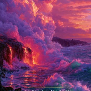 May include: A vibrant landscape print showing lava flowing into the ocean under a purple and orange sunset sky. Text reads: THE FIRE MEETING WATER, BIG ISLAND COAST HAWAII, When I release it becomes something entirely new., DON'T WAKE ME UP.