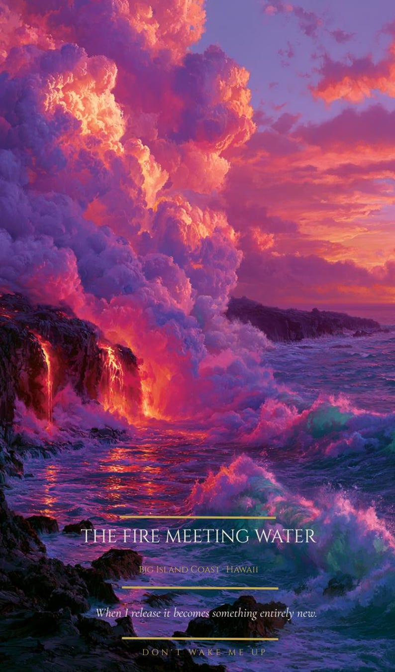 May include: A vibrant landscape print showing lava flowing into the ocean under a purple and orange sunset sky. Text reads: THE FIRE MEETING WATER, BIG ISLAND COAST HAWAII, When I release it becomes something entirely new., DON'T WAKE ME UP.