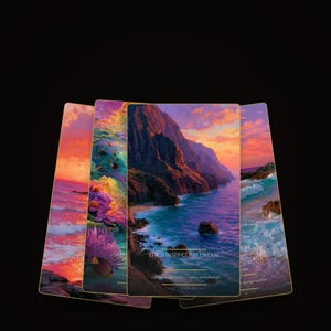May include: A set of four rectangular oracle cards featuring vibrant sunset coastal landscapes. The central card displays rocky cliffs meeting a deep blue ocean under a pink and orange sky, with the text THE SUNSET CLIFFS DREAM printed in gold.
