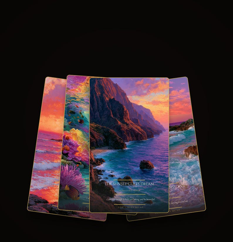 May include: A set of four rectangular oracle cards featuring vibrant sunset coastal landscapes. The central card displays rocky cliffs meeting a deep blue ocean under a pink and orange sky, with the text THE SUNSET CLIFFS DREAM printed in gold.