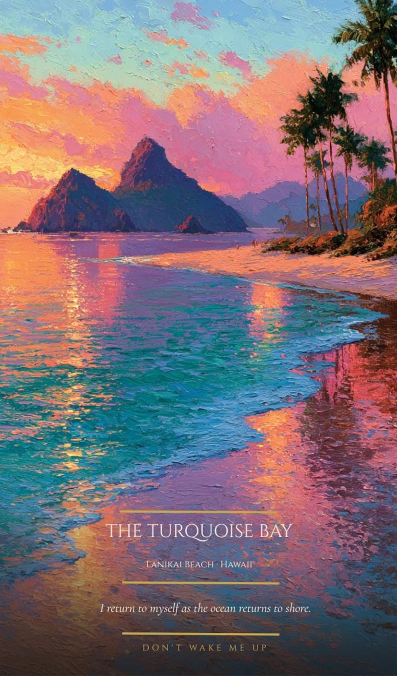 May include: An oil painting of a tropical beach at sunset with turquoise water, dark mountains, and palm trees. The text reads: THE TURQUOISE BAY, LANIKAI BEACH HAWAII, I return to myself as the ocean returns to shore, DON'T WAKE ME UP.