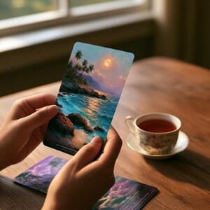 May include: A rectangular tarot card featuring an oil painting of a tropical coastline at sunset with a bright orange moon, palm trees, and rocky shores. The card is held upright, while two other similar cards lie flat on a wooden surface nearby.