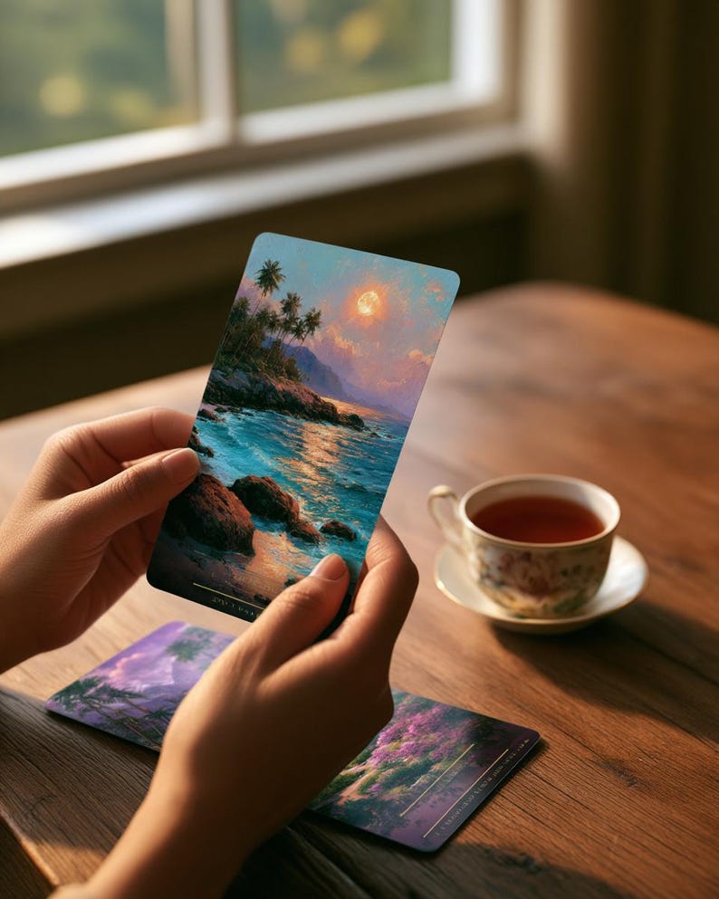 May include: A rectangular tarot card featuring an oil painting of a tropical coastline at sunset with a bright orange moon, palm trees, and rocky shores. The card is held upright, while two other similar cards lie flat on a wooden surface nearby.