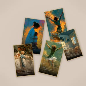 May include: Five rectangular oracle cards with gold-toned edges, each featuring distinct artistic illustrations. The cards display scenes including a person in a kitchen, a parent and child, a figure in golden light, a person jumping, and a bedroom.