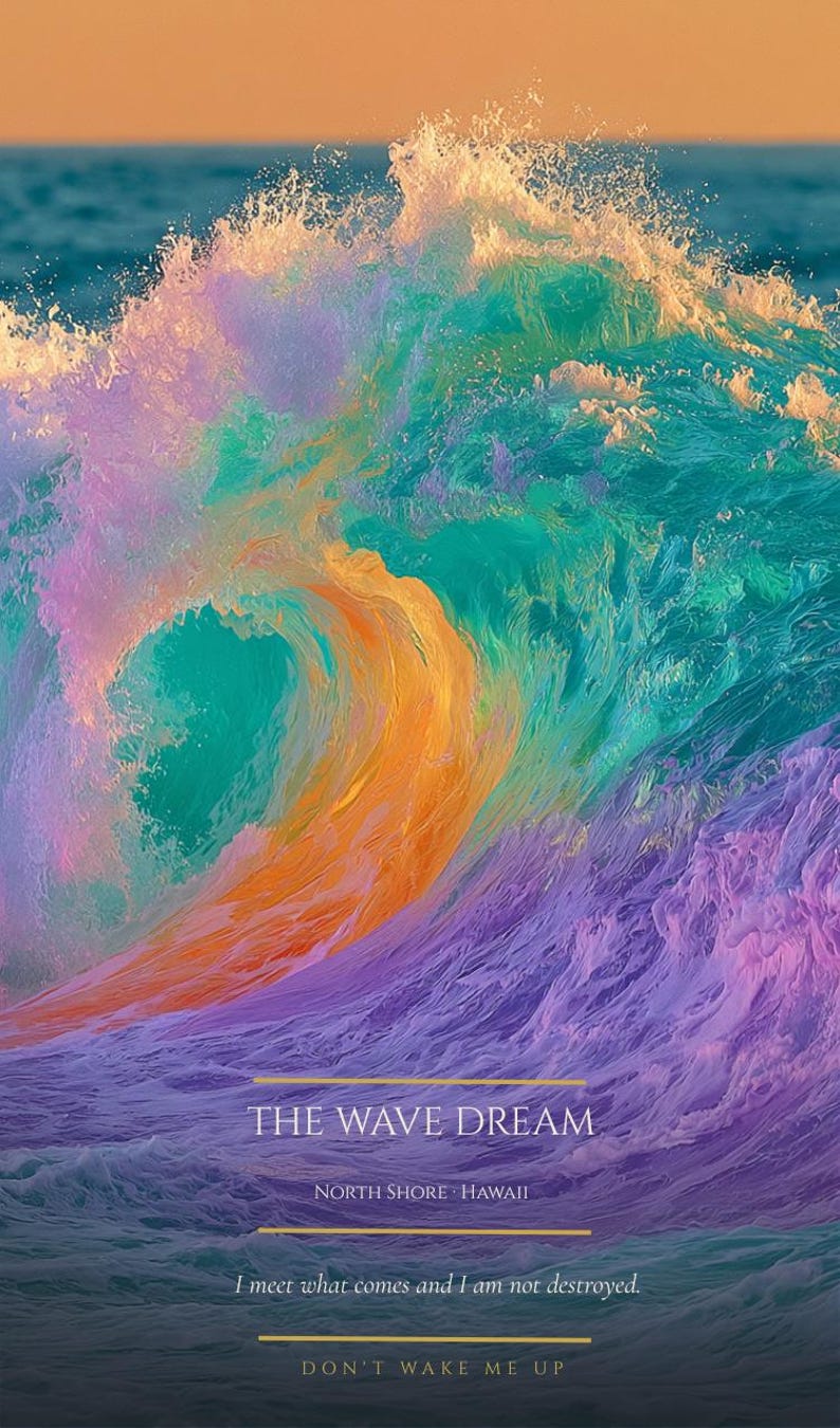 May include: A vibrant ocean wave cresting with hues of purple, teal, and orange. Text reads: THE WAVE DREAM, NORTH SHORE HAWAII, I meet what comes and I am not destroyed, DON'T WAKE ME UP. The water displays dynamic textures and foam.
