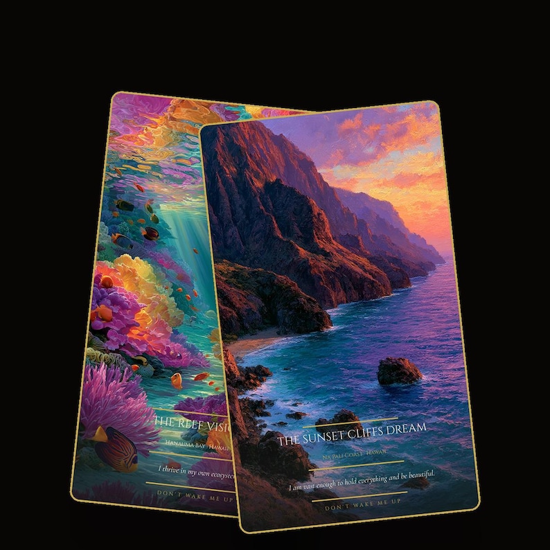 May include: Two rectangular cards with gold edges. The left card shows a vibrant coral reef with colorful fish and the text THE REEF VISION. The right card depicts a coastal sunset over cliffs and the ocean with the text THE SUNSET CLIFFS DREAM.