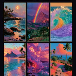 May include: A collection of six rectangular oracle cards titled DON'T WAKE ME UP a surreal Hawai'i dreamscape oracle. The cards feature vibrant, colorful illustrations of Hawaiian landscapes, including ocean waves, rainbows, mountains, and palm trees.