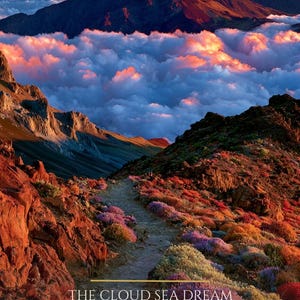 May include: A landscape photograph of Haleakalā, Hawaii, featuring a rocky trail winding through colorful vegetation toward a sea of clouds at sunset. Text reads: THE CLOUD SEA DREAM, HALEAKALĀ HAWAII, I have risen above what was clouding my view, DON'T WAKE ME UP.