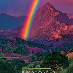 May include: A landscape photograph of a vibrant rainbow arching over the mountains of Manoa Valley, Hawaii. The text reads: THE RAINBOW VISION, MANOA VALLEY HAWAII, After everything I still see color., DON'T WAKE ME UP. The scene features purple and green hills.