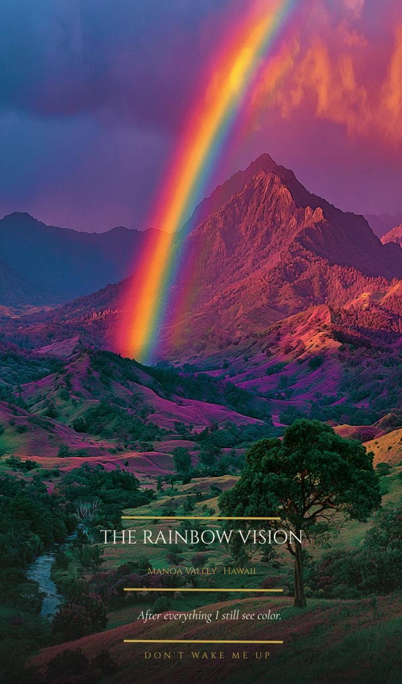 May include: A landscape photograph of a vibrant rainbow arching over the mountains of Manoa Valley, Hawaii. The text reads: THE RAINBOW VISION, MANOA VALLEY HAWAII, After everything I still see color., DON'T WAKE ME UP. The scene features purple and green hills.